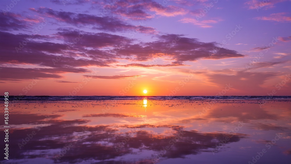 Fototapeta premium Beautiful, dramatic orange and red sunset over the tranquil sea with clouds and sunlight on the horizon