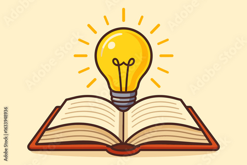 Open book with glowing light bulb. Knowledge enlightenment education metaphor. Creative learning inspiration concept. Bright idea, wisdom, reading, intelligence. Cartoon study vector illustration