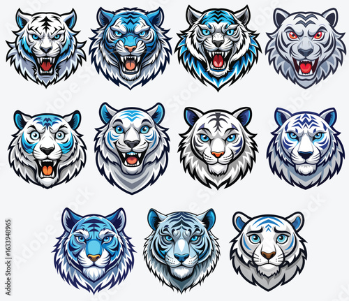 Set of 13 White Tiger Head Vector Logos with Diverse Expressions in Blue and White for Mascots, Branding, and Apparel Design