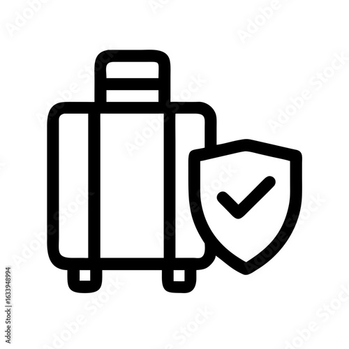A simple line art illustration of a suitcase with a shield and checkmark for travel protection icon