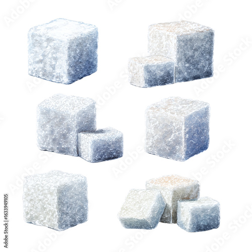 Square white sugar cubes. Realistic watercolor set on isolated background for tea, coffee, confectionery packaging, menus, postcards, banners. Isolated on transparent background .