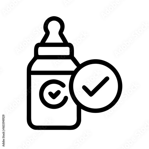 Illustration of a baby bottle with a nipple and two checkmarks in black outline on a white background