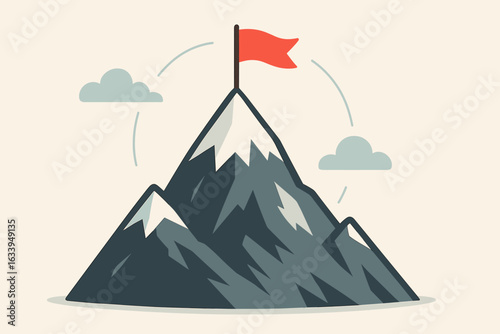 Achievement mountain peak vector. Goal success leadership. Red flag summit on high mountain illustration. Business strategy, mission planning, challenge, ambition, victory, journey metaphor.