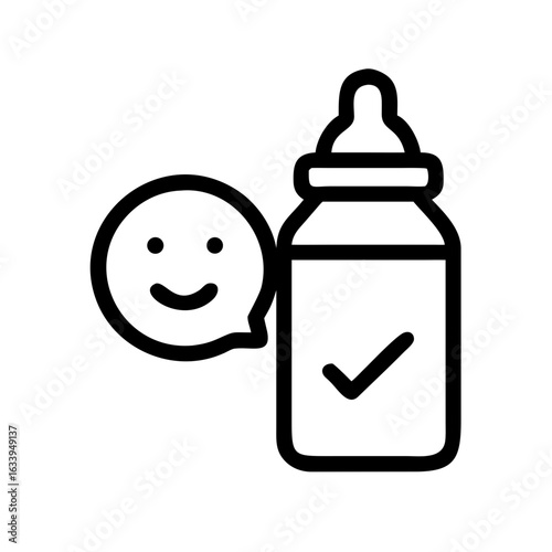 Outline drawing of a baby bottle with a check mark and a happy face speech bubble next to the bottle icon