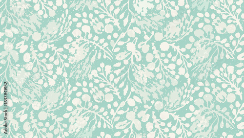 Delicate floral pattern with leaves and berries in white on a light teal background creating a soft design