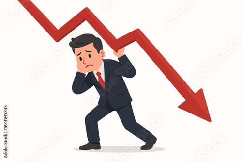 Businessman overwhelmed by recession downward arrow. Financial crisis, stock market crash, company bankruptcy, economy decline, loss, depression. Economic problems, risk management, debt issues.