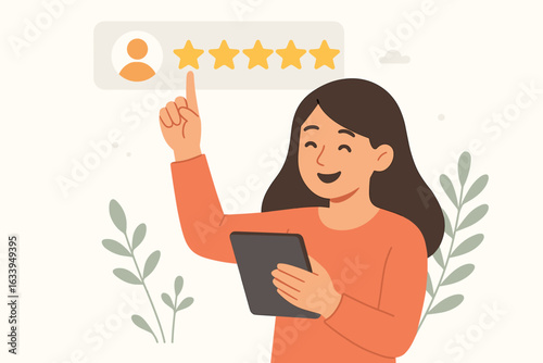 Business review 5 stars with woman user holding device giving excellent feedback and top rating, digital customer satisfaction concept, full score, flat design vector illustration