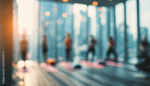 Blurred yoga class in a modern, city-view studio