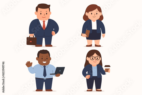 Cartoon office people collection set of 4 businesspeople with small heads and big bodies in modern corporate flat design style, vector illustration on white background, teamwork and diversity concept