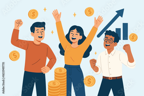 Casual business team celebrating profits with joyful expressions, cheerful coworkers making money, success and teamwork concept, flat design vector illustration with blue background