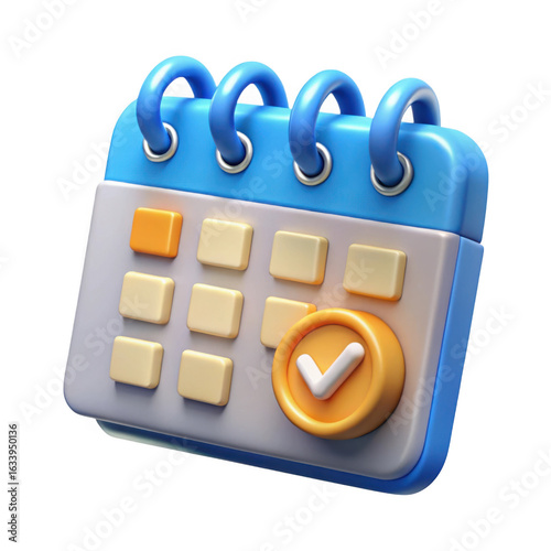 Stylized 3d calendar icon with checkmark isolated on transparent background