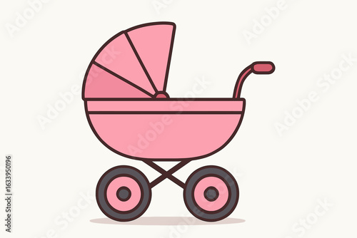 Pink baby stroller pram vector, girl newborn pushchair, spinning wheels, cute flat design, modern cartoon illustration isolated, baby carriage, maternity child transport, family, nursery, parenting
