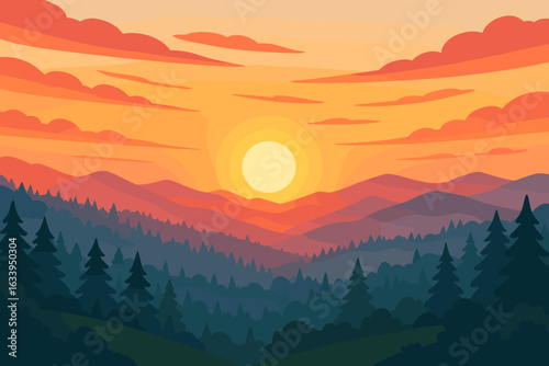 Beautiful Vector Landscape with Sunrise and Early Morning Nature Scene, Colorful View of Mountains, Forest, Sun, Red Sky, Scenic Cartoon Illustration, Peaceful Outdoors