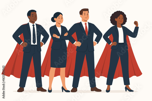Diverse business superheroes team leadership. Multiracial corporate professionals in suits and red capes. Empowered group of men and women representing teamwork, confidence, power, and success.