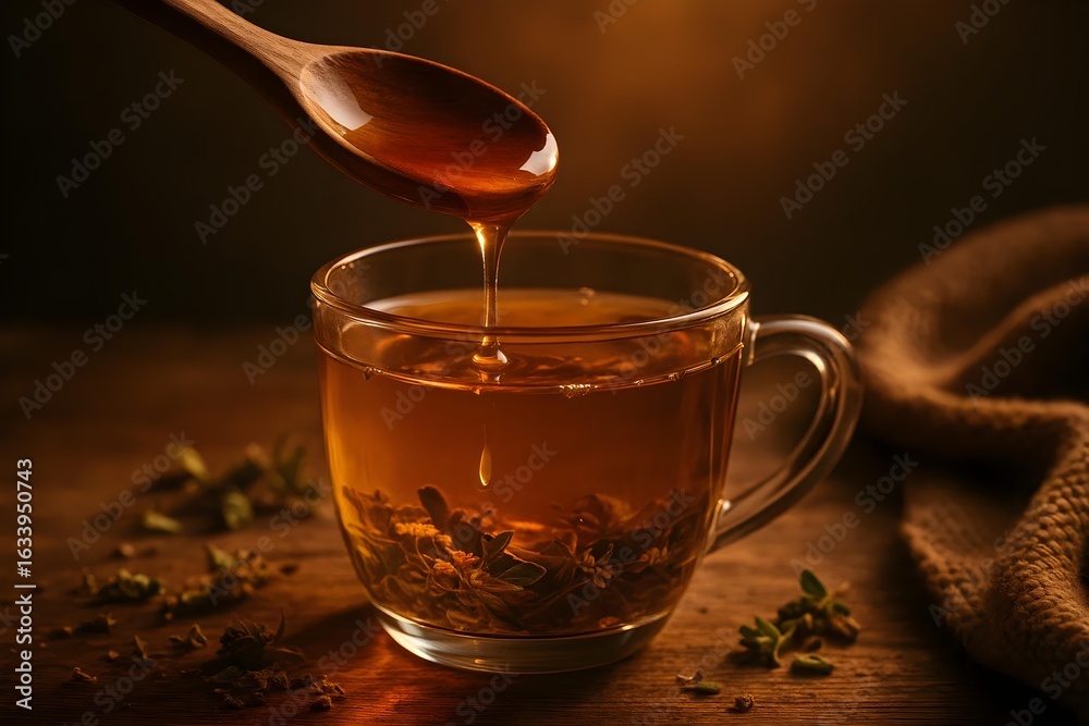 Fototapeta premium A wooden spoon dripping honey over a cup of herbal tea, surrounded by dried herbs on a wooden table. Concept Honey Dripping, Herbal Tea, Wooden Spoon, Dried Herbs, Rustic Table Setting