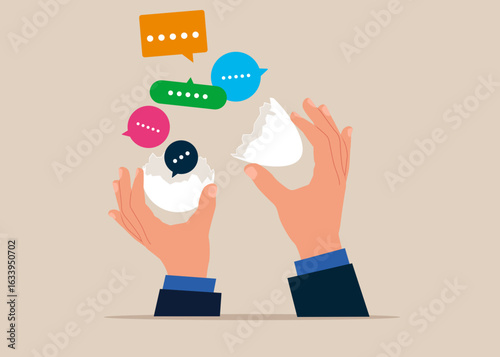 Hatching egg with speech bubbles inside. Begin new job position in of comfort or safe zone. Discussion, conversation, meeting, team communication. Flat vector illustration.