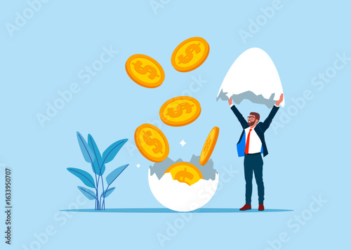 Businessman discover hatching egg with Golden Coins Inside. New creative idea thinking process. Savings, Collecting Money in Account, Open Bank Deposit. Flat vector illustration.