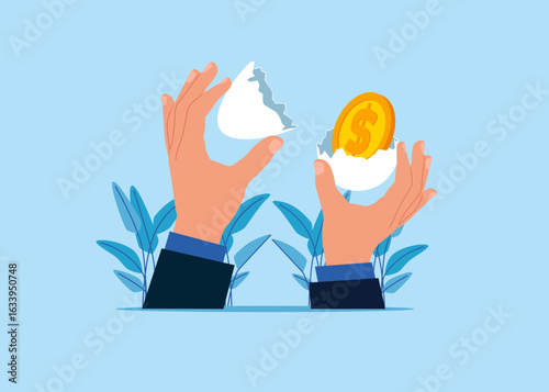 Hatching egg with dollar golden Coin Inside. Begin new job position in of comfort or safe zone. New creative idea thinking process. Savings, Collecting Money in Account, Open Bank Deposit.