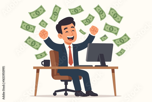 Excited businessman celebrating financial success at office desk, computer with flying cash money, online earnings, salary growth, business profit, investment and wealth concept, vector illustration