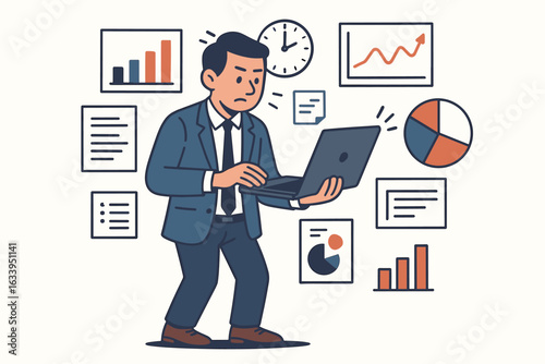 Businessman multitasking with laptop and data analytics, managing busy work schedule, financial statistics, charts, graphs, teamwork, deadlines, productivity, corporate office illustration