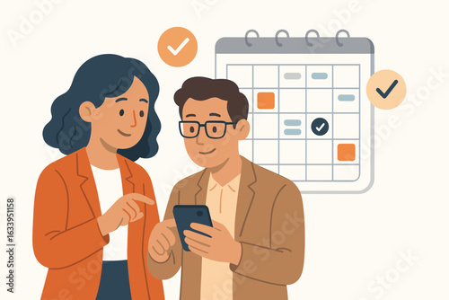 Business teamwork scheduling concept. Two professionals collaborating, planning agenda, using smartphone app, making work project plan, office calendar organization, flat vector illustration