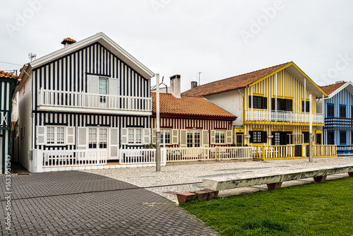 Street with colorful houses. Street with striped houses, Costa Nova, Aveiro, Portugal