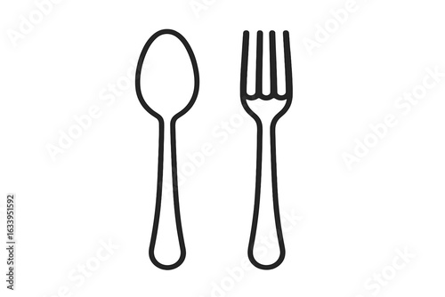 Minimalist continuous line drawing of spoon and fork, simple black outline cutlery set, modern kitchen utensil vector illustration for restaurant icons, dining tools isolated on transparent background