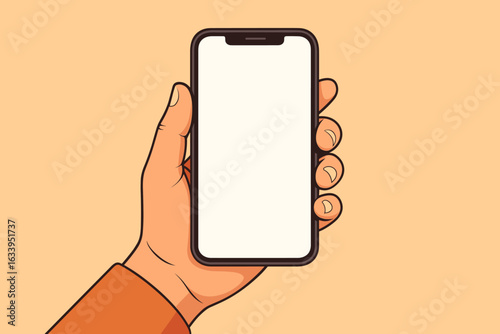Hand Holding Smartphone Vector Illustration with Blank White Screen, Mobile App Presentation Mockup, Digital Device in Human Grip, Modern Technology Concept, Cartoon Style Isolated on Warm Background