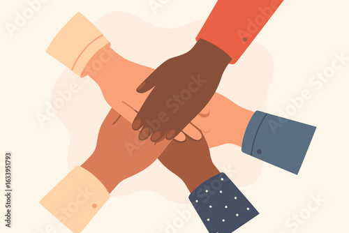 Diverse teamwork concept illustration. Multicultural unity, group collaboration, hands together, inclusion, solidarity, race equality, support, mutual aid. Flat cartoon vector graphic.