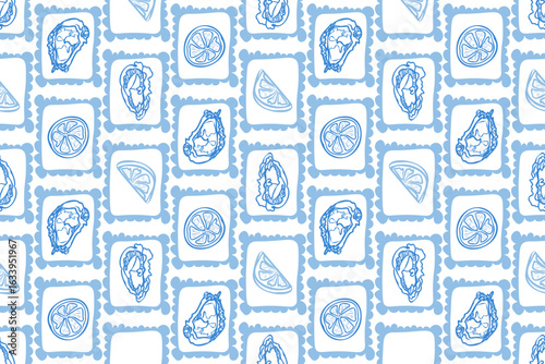 Oysters seamless pattern. Hand drawn sketch vector seafood illustration. Engraved retro style mollusks. Modern food background