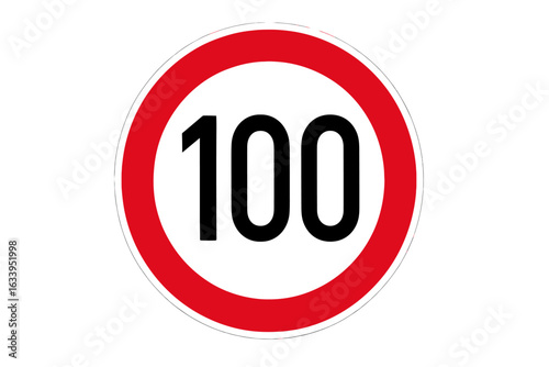 100 kmh speed limit road sign vector illustration. Circular traffic regulation sign with red border. Highway speed restriction symbol. Printable and editable transport icon for driving regulations.