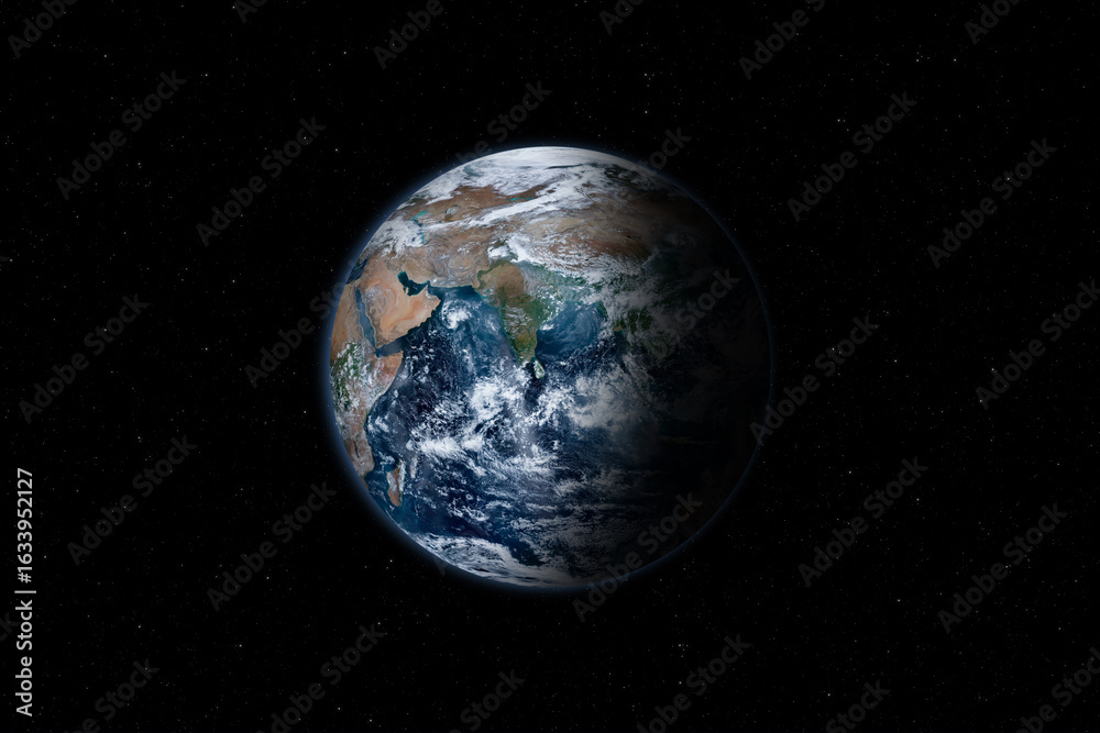 Obraz premium Earth planet. Eastern hemisphere. Earth surface with world ocean and clouds. Middle East, Near East, Central, West, South, East Asia viewed from space.