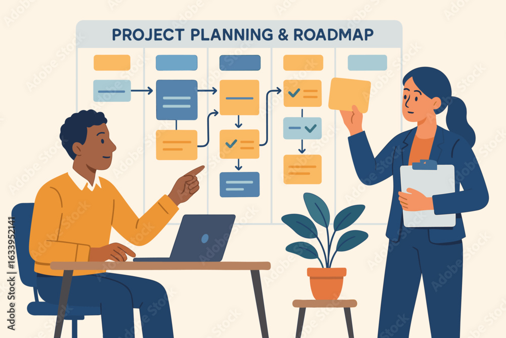 Fototapeta premium Project planning and roadmap strategic workflow, business team collaboration, task management, timeline scheduling, professional managers organizing project milestones, flat vector illustration