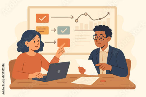 Project management teamwork, planning strategy, assigning tasks, business roadmap, workflow process, goals tracking, data analysis, productivity meeting, collaboration. Office team, flat vector