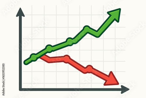 Upward and downward trend lines chart, green arrow rise red arrow fall, business growth and decline, financial statistics, market analytics, success failure concept, vector illustration