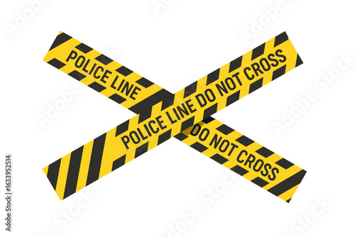 Crossed police warning tape with yellow and black stripes, stretched caution ribbon, police line do not cross, crime scene barrier, safety cordon, vector illustration, isolated transparent background