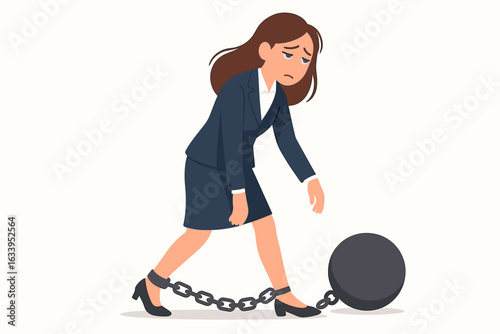Stressed exhausted businesswoman dragging heavy ball and chain, fatigue and burnout, overworked woman employee, workplace stress, tired female manager, corporate mental health concept vector