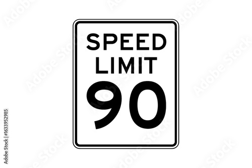 Speed Limit 90 Sign Vector. Roadway Safety Traffic Regulation. MPH Numeric Limit. Black and White Highway Signboard Template. Regulatory Road Symbol. USA Transportation Law. Editable SVG PNG Clipart