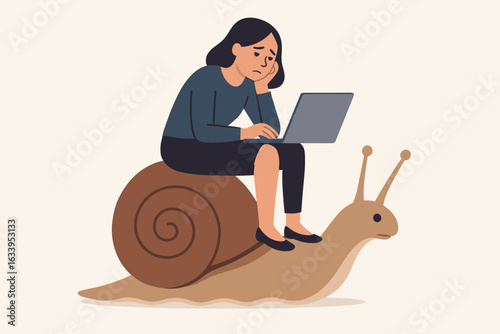 Slow progress metaphor, unfulfilled businesswoman sitting on snail using laptop, career stagnation, boring work, lack of motivation, slow career development, workplace frustration, flat vector
