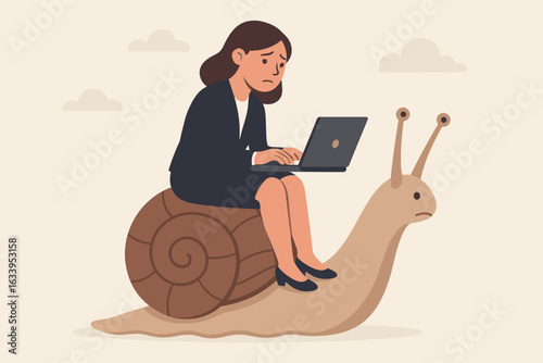 Unfulfilled woman sitting on slow-moving snail working on computer symbolizing slow boring work, career stagnation, lack of progress, business frustration, and professional development challenges