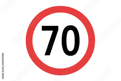 Speed limit road sign 70 km per hour. Circular regulatory traffic sign with red border. Highway, street, motorway speed restriction symbol. Printable, vector, transparent background illustration.