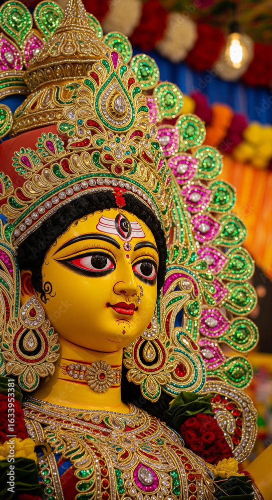 Fototapeta premium Majestic Idol of Goddess Durga face with Traditional Ornaments