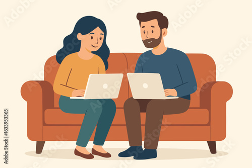 Remote work couple collaboration at home. Man and woman sitting on sofa using laptops. Teamwork, digital nomad lifestyle, online communication, freelance, home office workspace, remote job concept