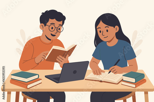Two Students Studying Together at School Desk with Books and Laptop, Collaborative Learning, Education, Knowledge Sharing, Academic Preparation, Flat Vector Illustration