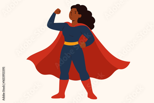 Confident African American woman superhero flexing arm muscles, red cape blowing, standing power pose, strength and empowerment concept, flat cartoon vector illustration, isolated white background