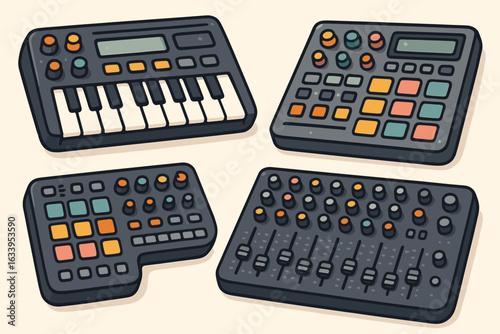 Electronic music production instruments set. Vector illustration of synthesizer keyboard, drum machine, mixing console, MIDI controller, DJ gear. Techno, house, EDM, dubstep, chiptune music equipment