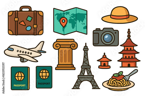 Travel essentials, iconic landmarks, world cuisine, map, airplane, suitcase, passport, camera, global destinations, cultural symbols, vector cartoon illustration for tourism and adventure