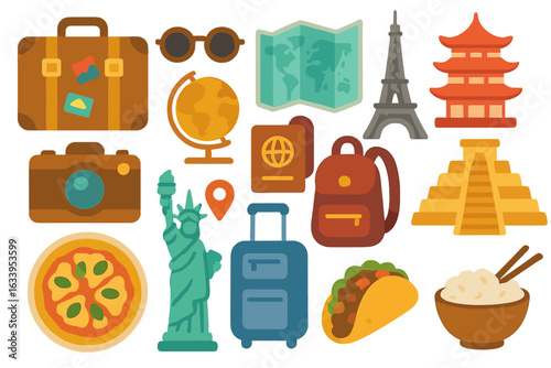 Travel essentials, famous world landmarks, traditional cuisine symbols, global tourism and adventure, sightseeing icons, luggage, food, cultural destinations, vector cartoon illustration