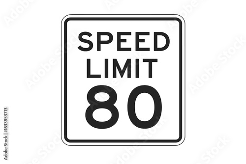 Speed limit road sign 80. Official traffic control sign isolated on white. Vector icon for highway or freeway speed regulation. Black and white rectangular signboard for transportation safety concepts