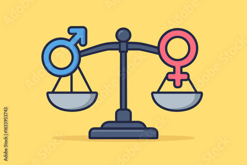 Gender equality concept illustration. Balance scale with male and female gender symbols, justice metaphor, equal rights, social issues, flat vector design, cartoon style, yellow background